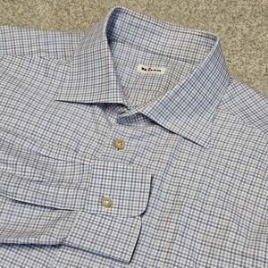 Kiton Italy Men's XXLT‎ Blue White Micro Check Plaid Dress Shirt Long Sleeve